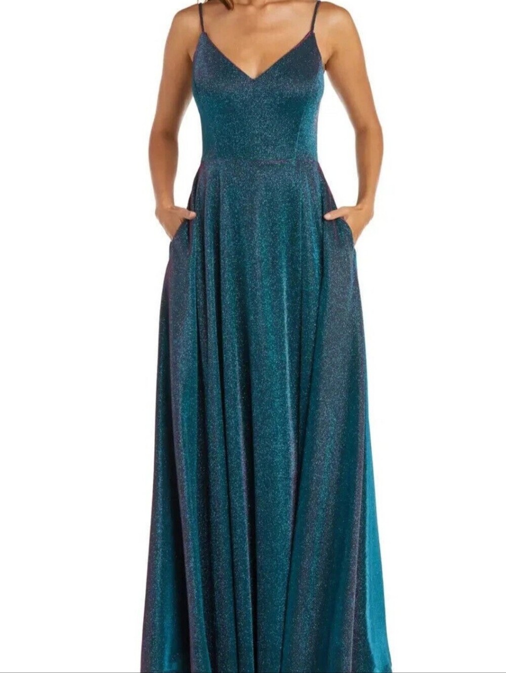 Morgan & Co. Teal Glitter Spaghetti-Strap Prom Gown